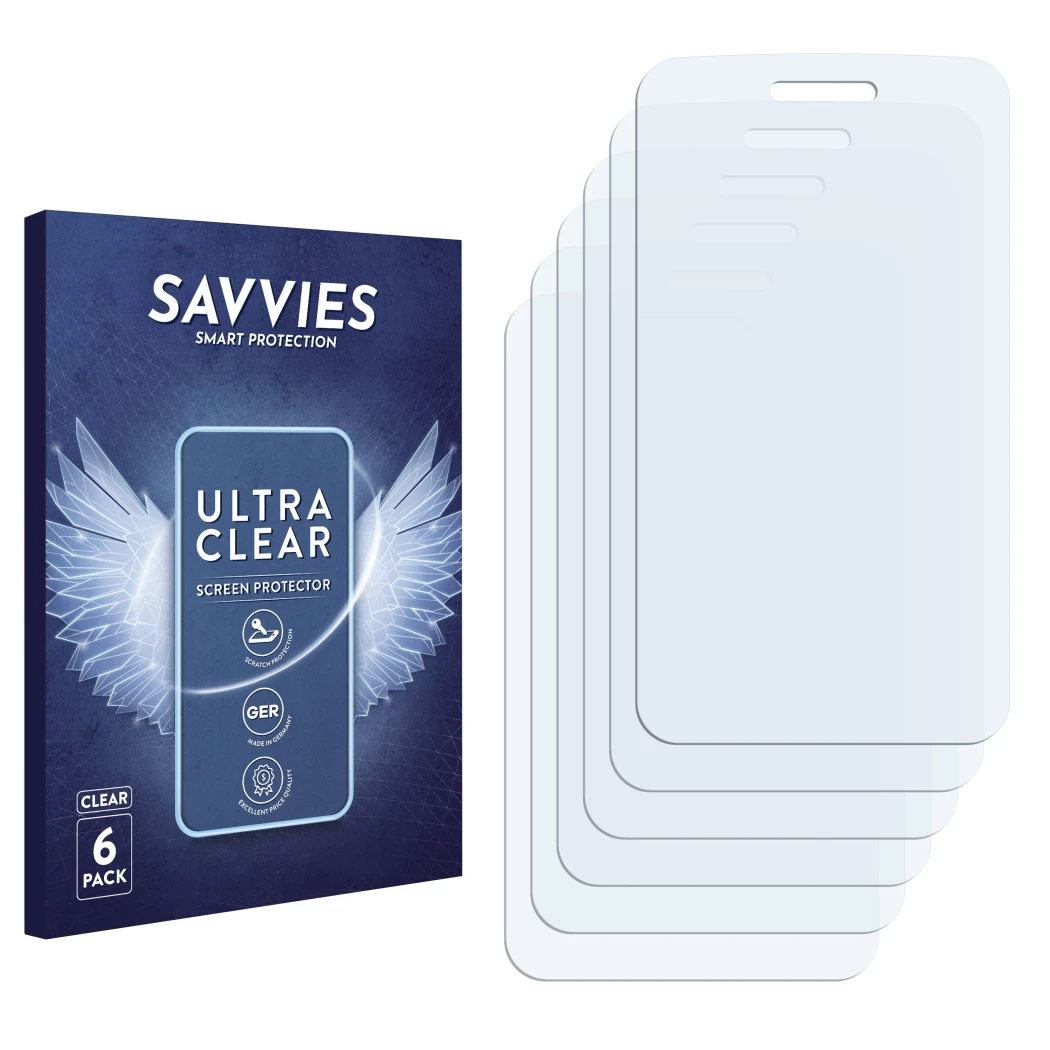 Face avant d’un emballage produit avec le logo de la marque Savvies. À côté se trouve la protection d’écran correspondante.