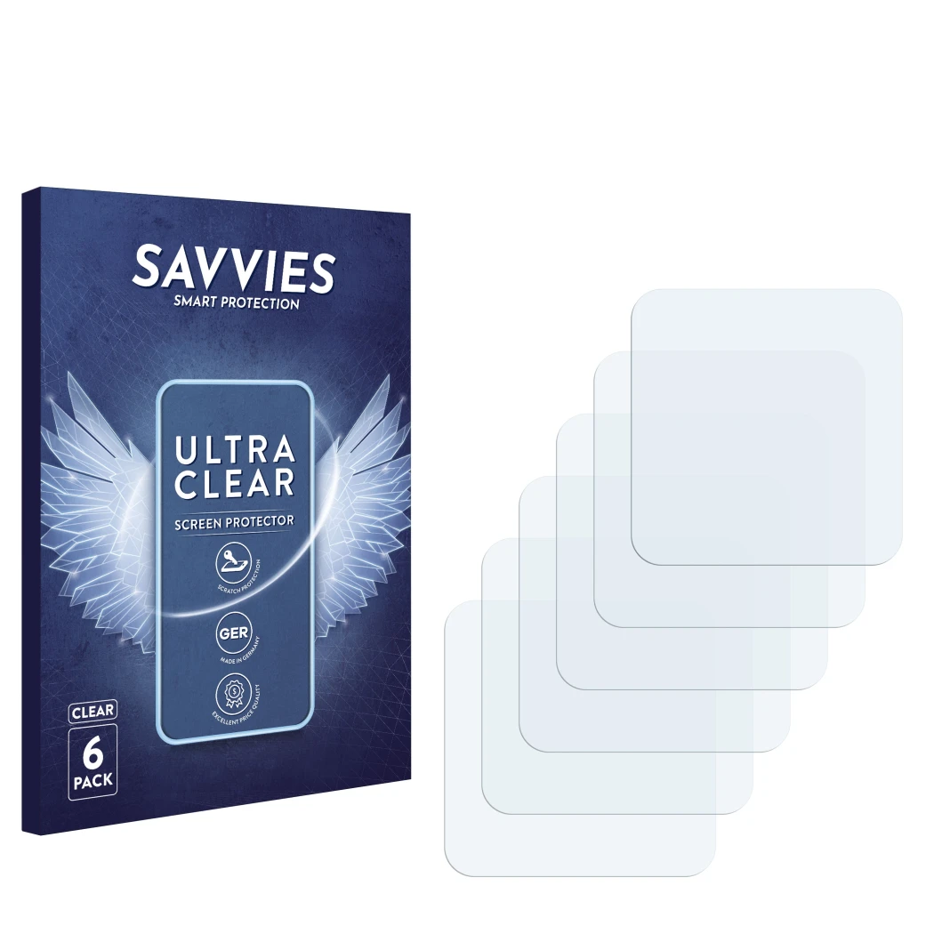 Face avant d’un emballage produit avec le logo de la marque Savvies. À côté se trouve la protection d’écran correspondante.