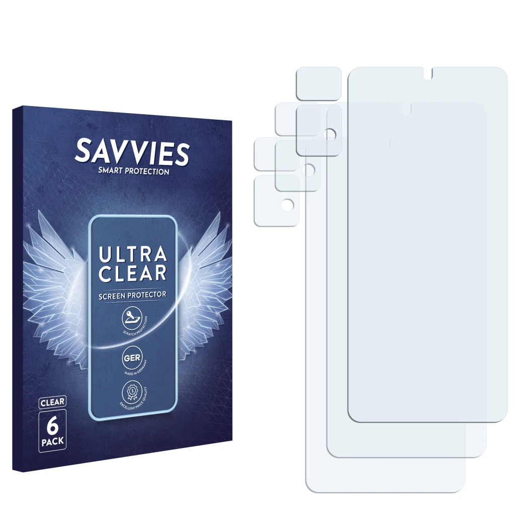 Face avant d’un emballage produit avec le logo de la marque Savvies. À côté se trouve la protection d’écran correspondante.