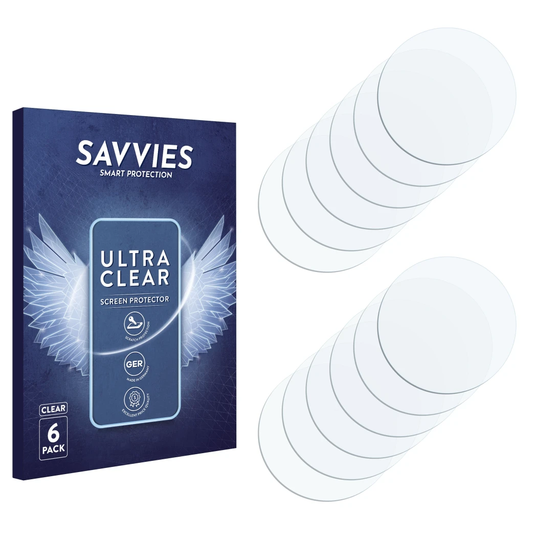 Face avant d’un emballage produit avec le logo de la marque Savvies. À côté se trouve la protection d’écran correspondante.