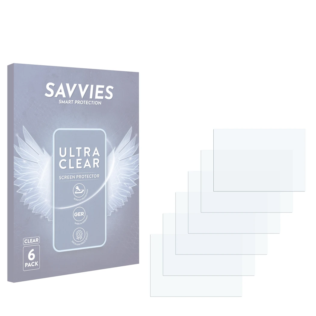 Face avant d’un emballage produit avec le logo de la marque Savvies. À côté se trouve la protection d’écran correspondante.