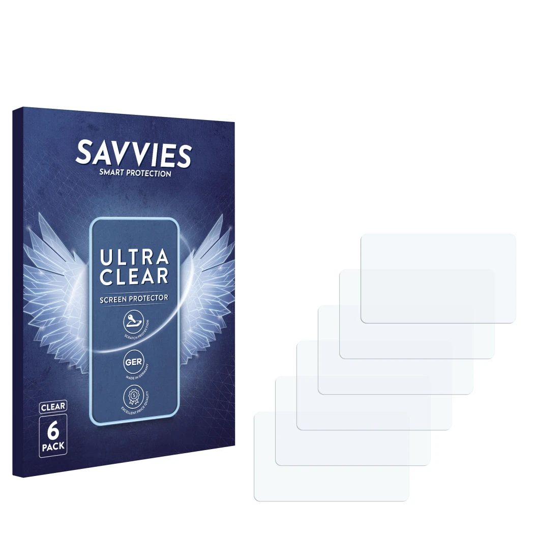 Face avant d’un emballage produit avec le logo de la marque Savvies. À côté se trouve la protection d’écran correspondante.