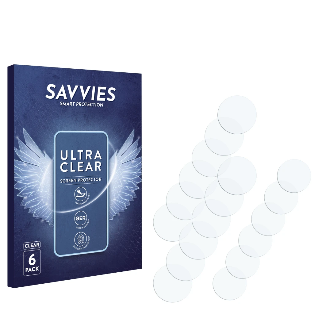 Face avant d’un emballage produit avec le logo de la marque Savvies. À côté se trouve la protection d’écran correspondante.