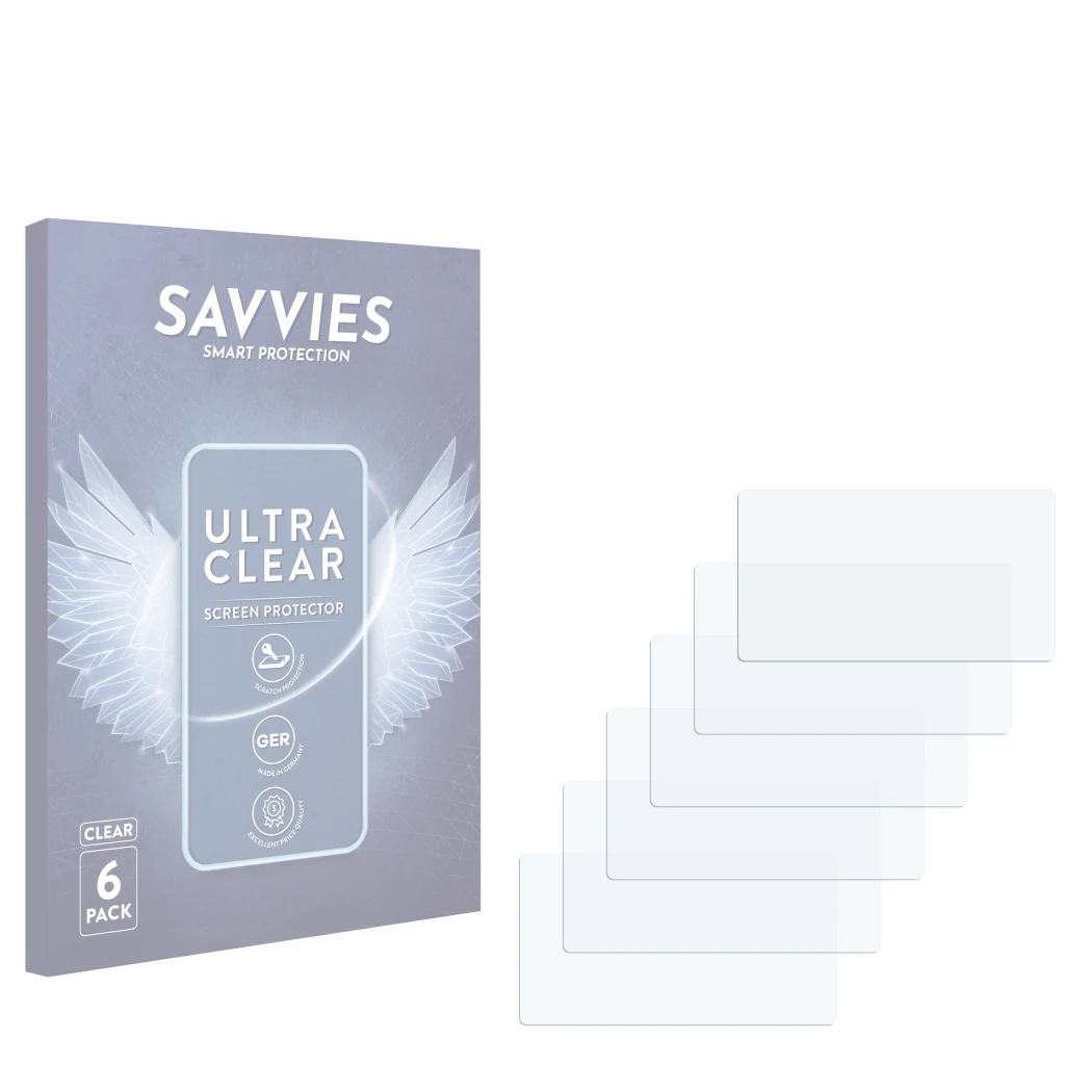 Face avant d’un emballage produit avec le logo de la marque Savvies. À côté se trouve la protection d’écran correspondante.