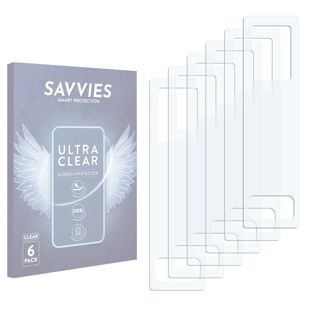 Face avant d’un emballage produit avec le logo de la marque Savvies. À côté se trouve la protection d’écran correspondante.