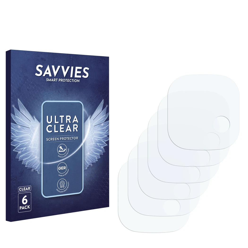 Face avant d’un emballage produit avec le logo de la marque Savvies. À côté se trouve la protection d’écran correspondante.