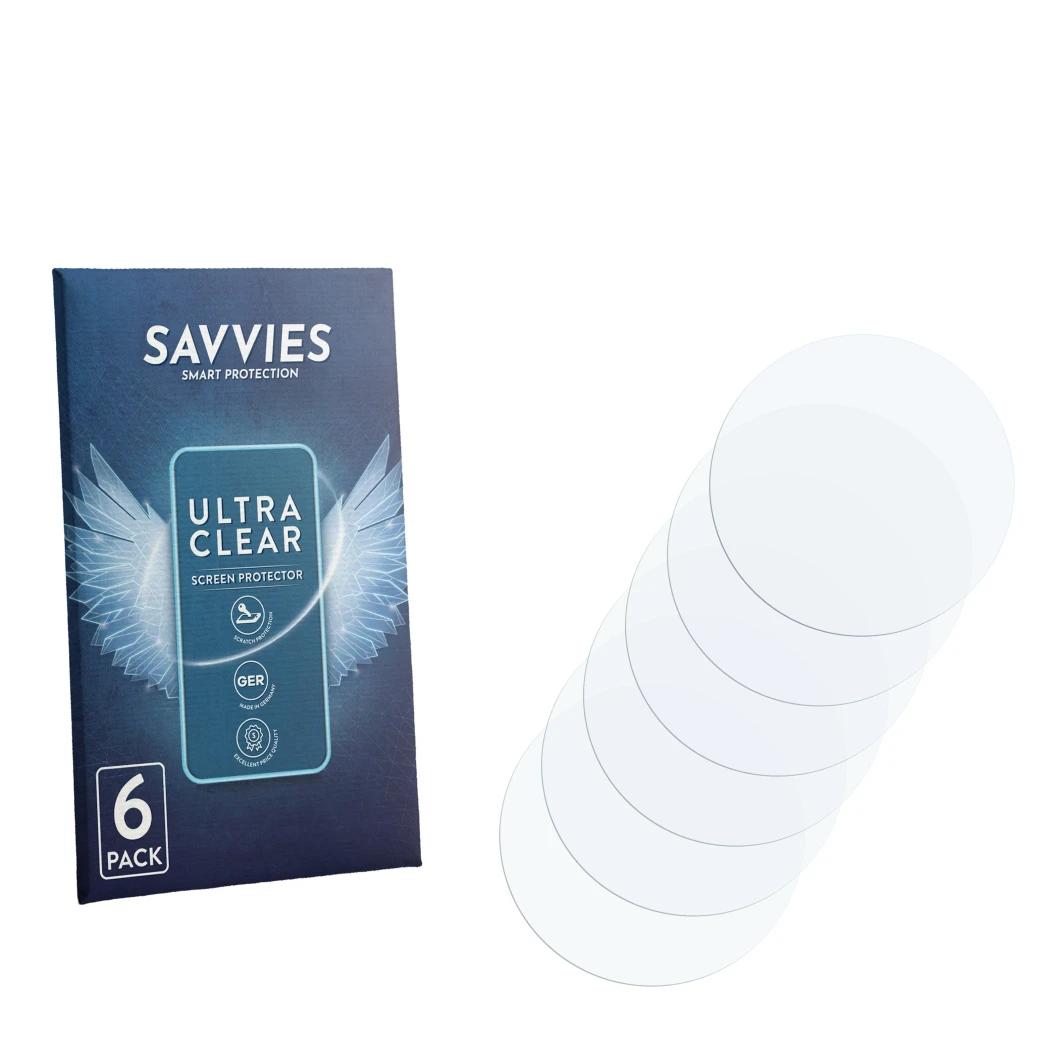 Face avant d’un emballage produit avec le logo de la marque Savvies. À côté se trouve la protection d’écran correspondante.