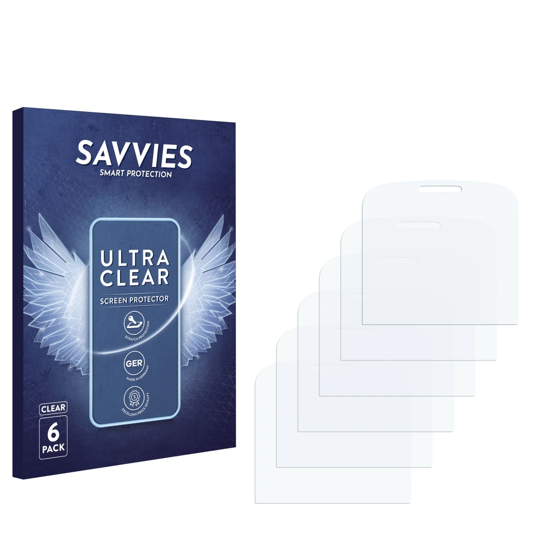 Face avant d’un emballage produit avec le logo de la marque Savvies. À côté se trouve la protection d’écran correspondante.