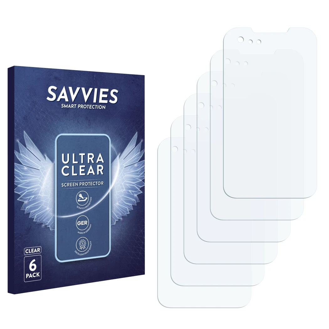 Face avant d’un emballage produit avec le logo de la marque Savvies. À côté se trouve la protection d’écran correspondante.