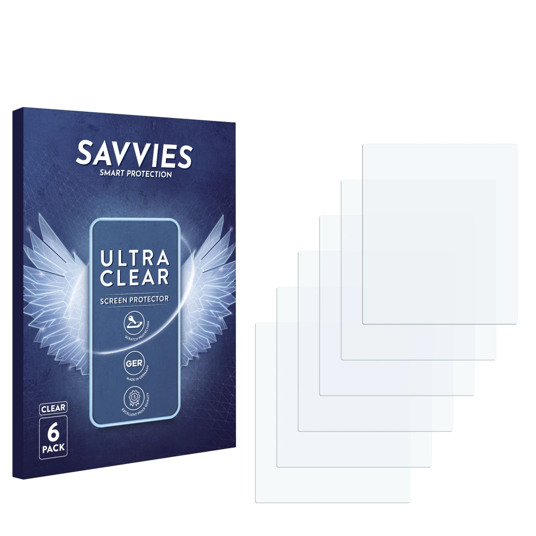 Face avant d’un emballage produit avec le logo de la marque Savvies. À côté se trouve la protection d’écran correspondante.