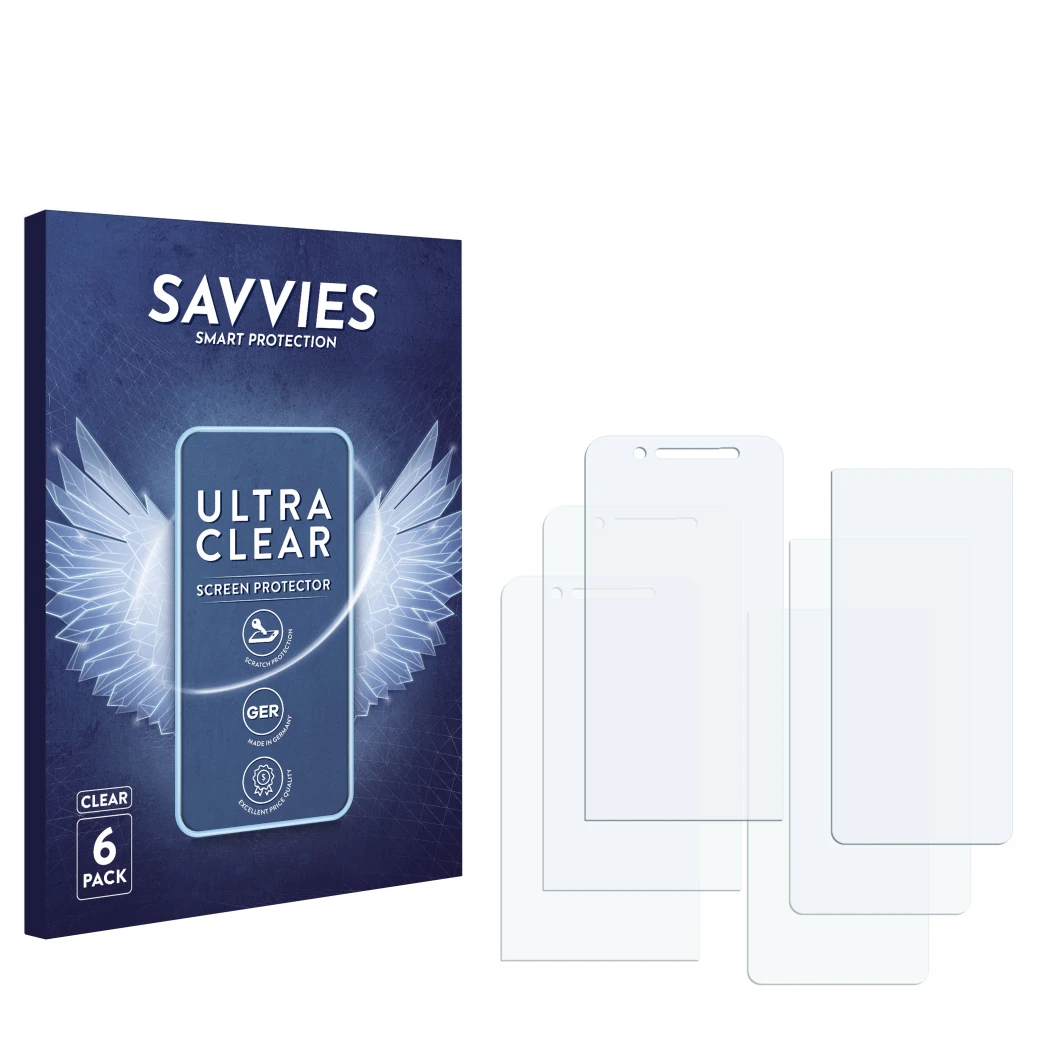 Face avant d’un emballage produit avec le logo de la marque Savvies. À côté se trouve la protection d’écran correspondante.
