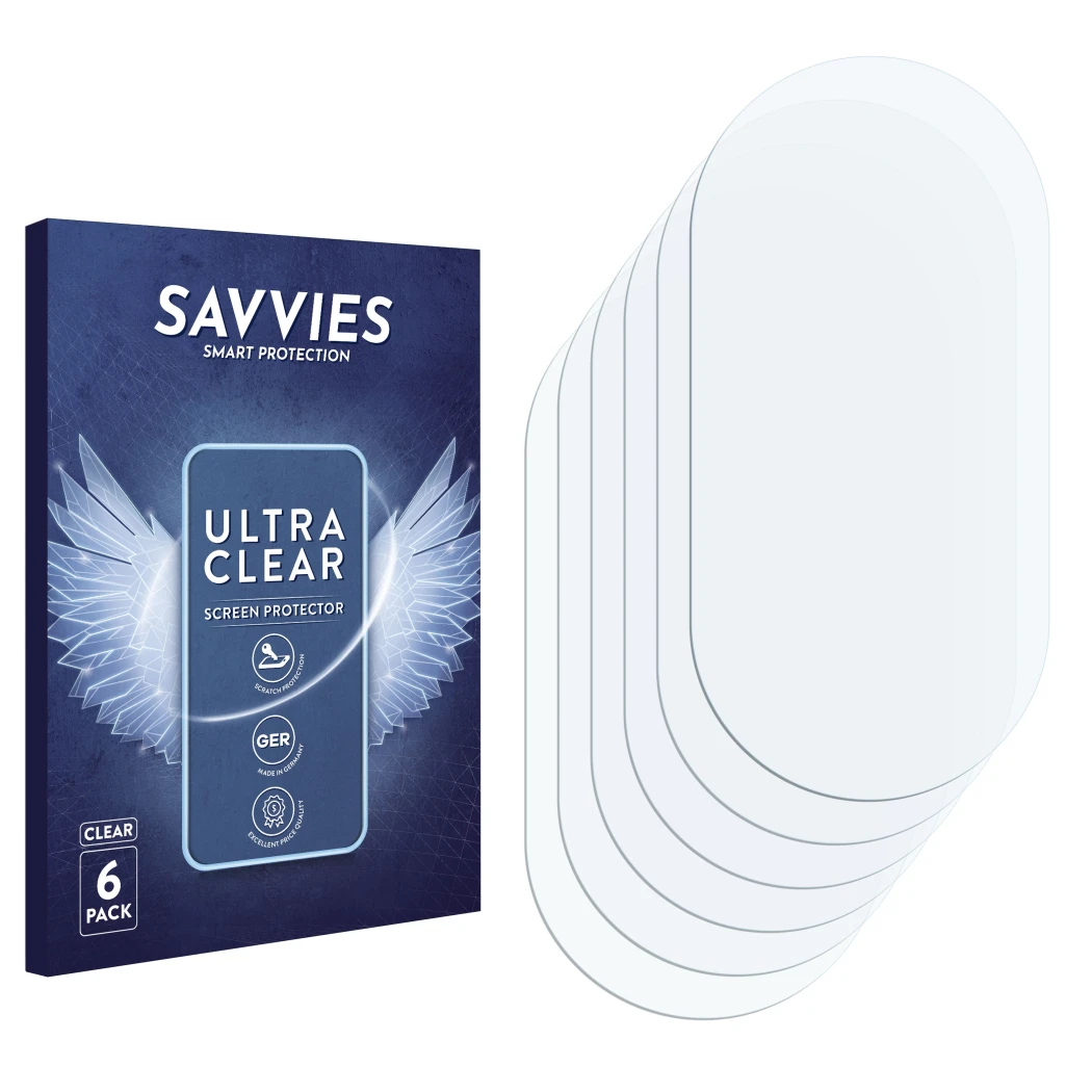 Face avant d’un emballage produit avec le logo de la marque Savvies. À côté se trouve la protection d’écran correspondante.