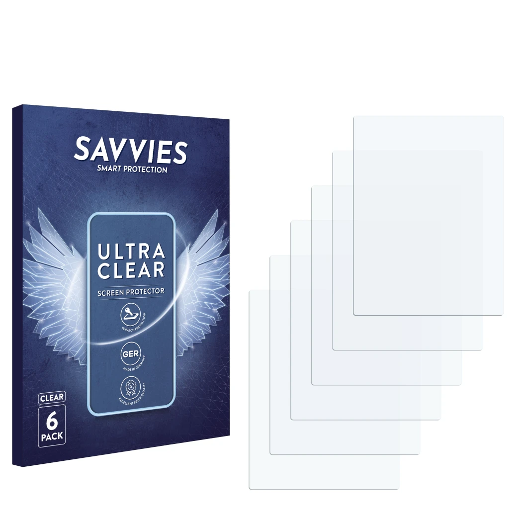 Face avant d’un emballage produit avec le logo de la marque Savvies. À côté se trouve la protection d’écran correspondante.