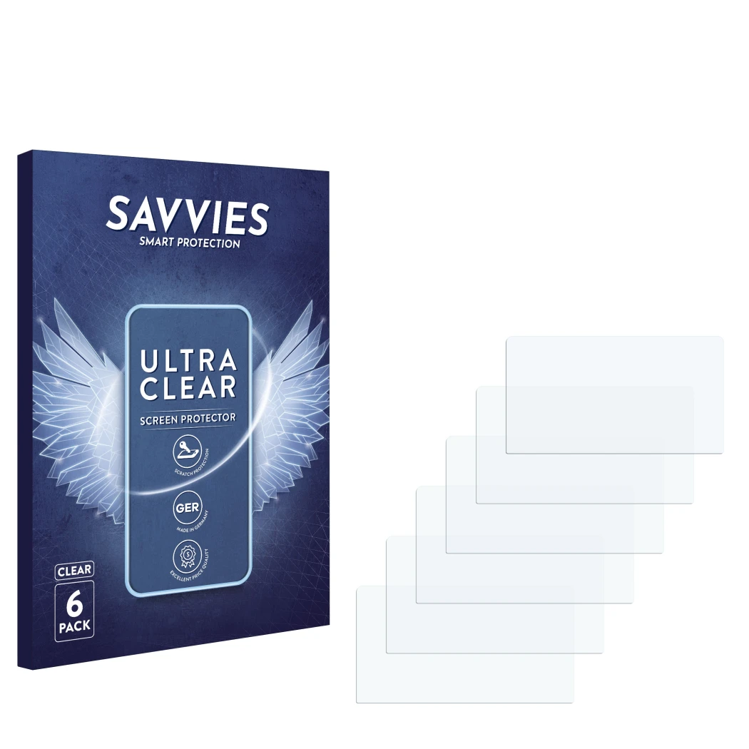 Face avant d’un emballage produit avec le logo de la marque Savvies. À côté se trouve la protection d’écran correspondante.