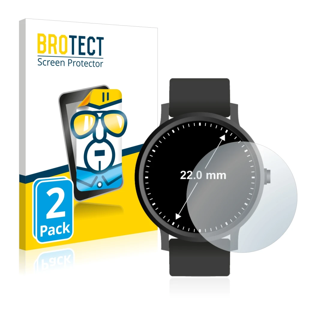 Face avant d’un emballage produit avec le logo de la marque BROTECT. À côté, l’appareil Montres (Circulaire, ø: 22 mm) est rep