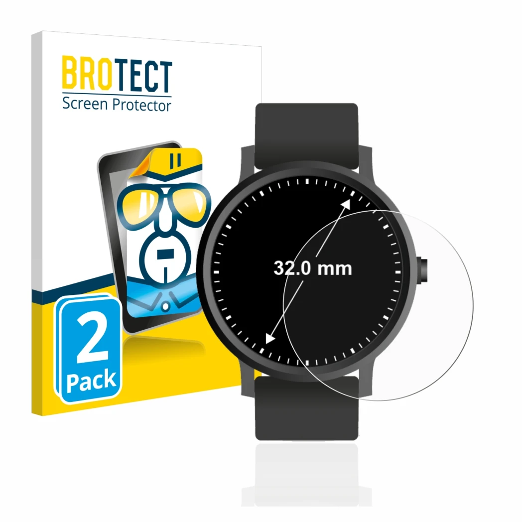 Face avant d’un emballage produit avec le logo de la marque BROTECT. À côté, l’appareil Montres (Circulaire, ø: 32 mm) est rep