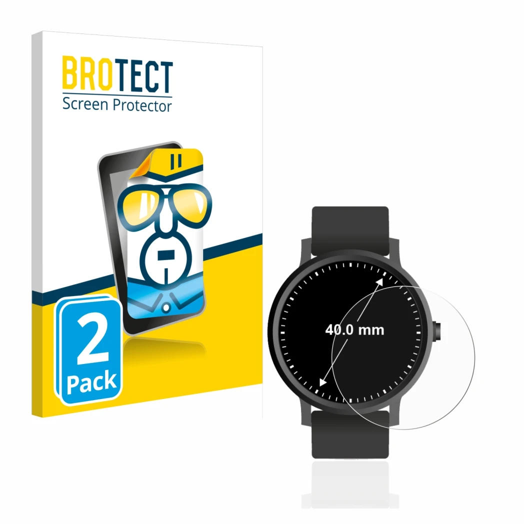 Face avant d’un emballage produit avec le logo de la marque BROTECT. À côté, l’appareil Montres (Circulaire, ø: 40 mm) est rep