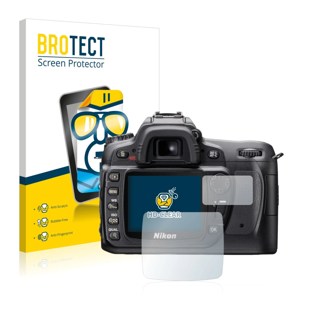 Face avant d’un emballage produit avec le logo de la marque BROTECT. À côté, l’appareil Nikon D80 est représenté avec la prote