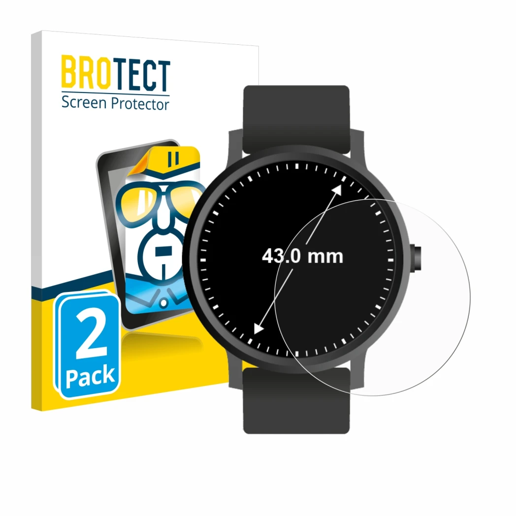 Face avant d’un emballage produit avec le logo de la marque BROTECT. À côté, l’appareil Montres (Circulaire, ø: 43 mm) est rep