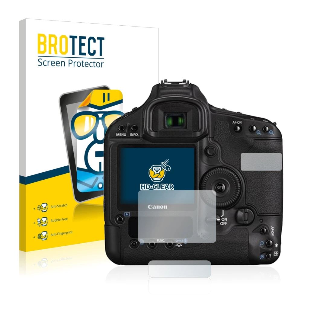 Face avant d’un emballage produit avec le logo de la marque BROTECT. À côté, l’appareil Canon EOS 1D Mark III est représenté a