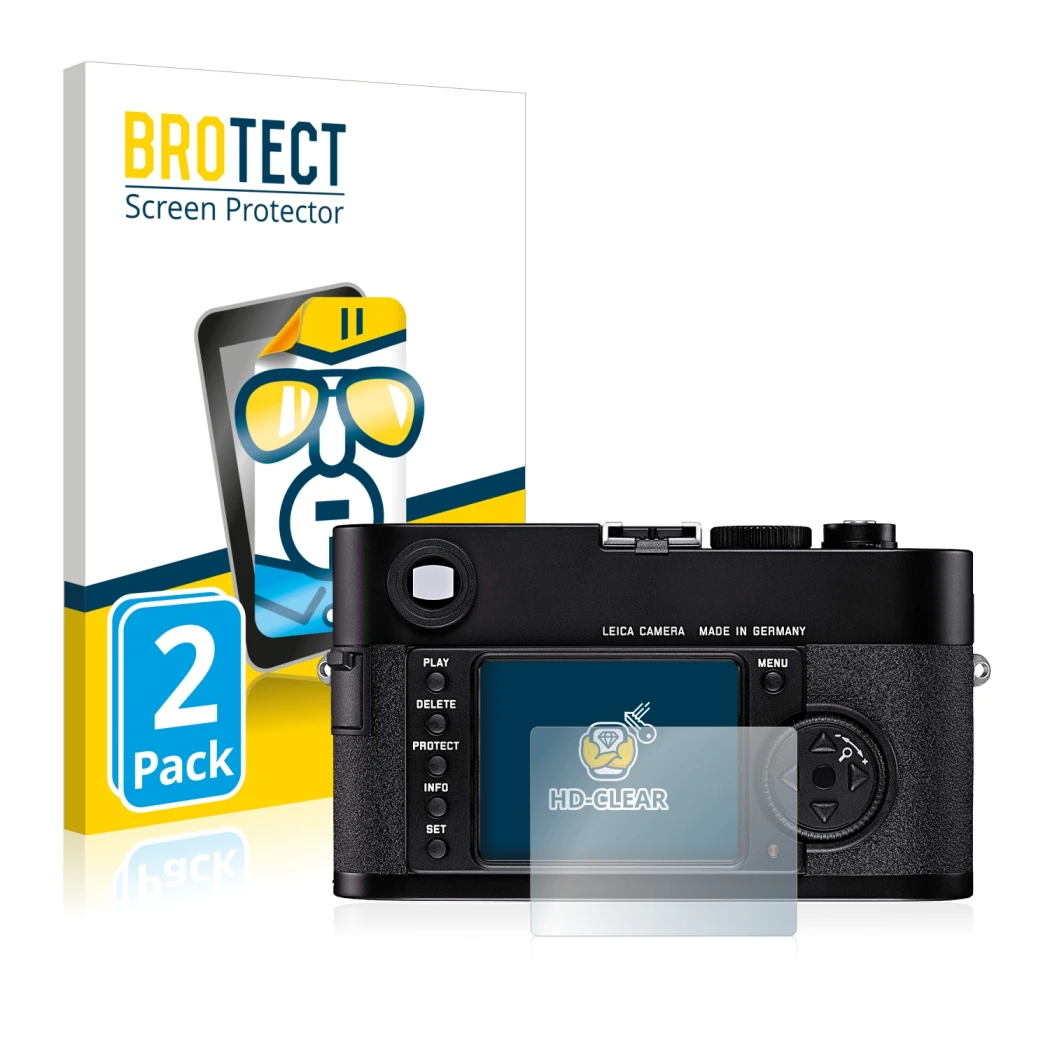 Face avant d’un emballage produit avec le logo de la marque BROTECT. À côté, l’appareil Leica M8 est représenté avec la protec