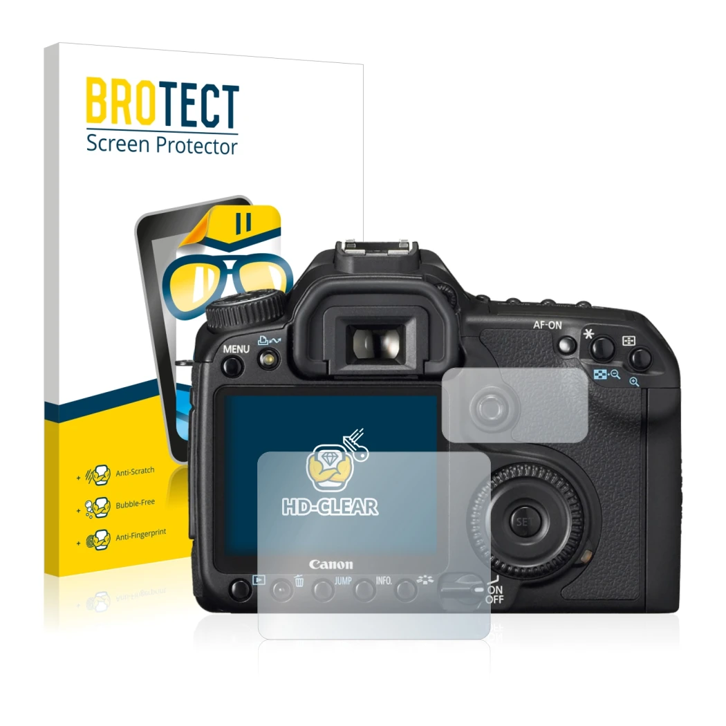 Face avant d’un emballage produit avec le logo de la marque BROTECT. À côté, l’appareil Canon EOS 40D est représenté avec la p