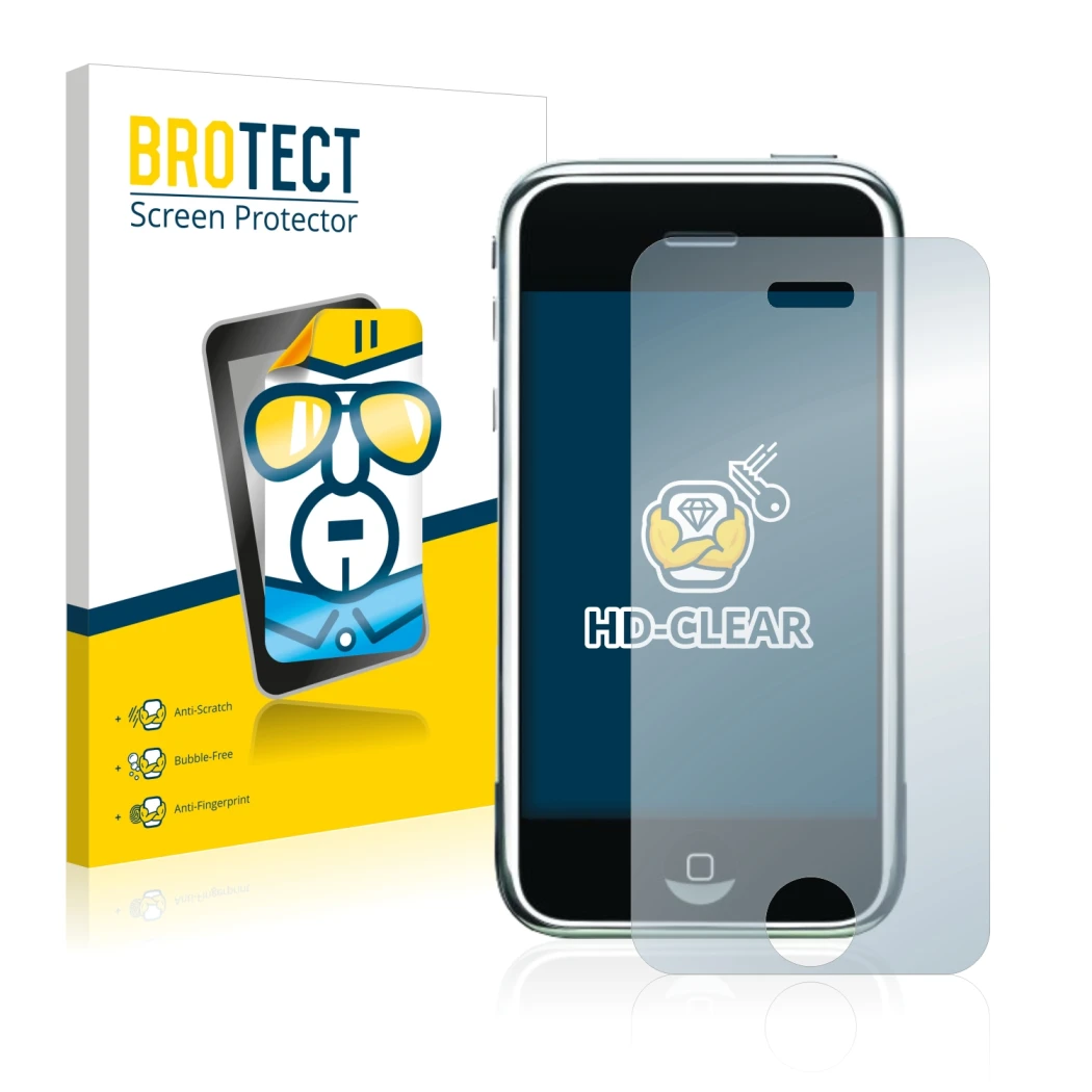 Face avant d’un emballage produit avec le logo de la marque BROTECT. À côté, l’appareil Apple iPhone 2G est représenté avec la