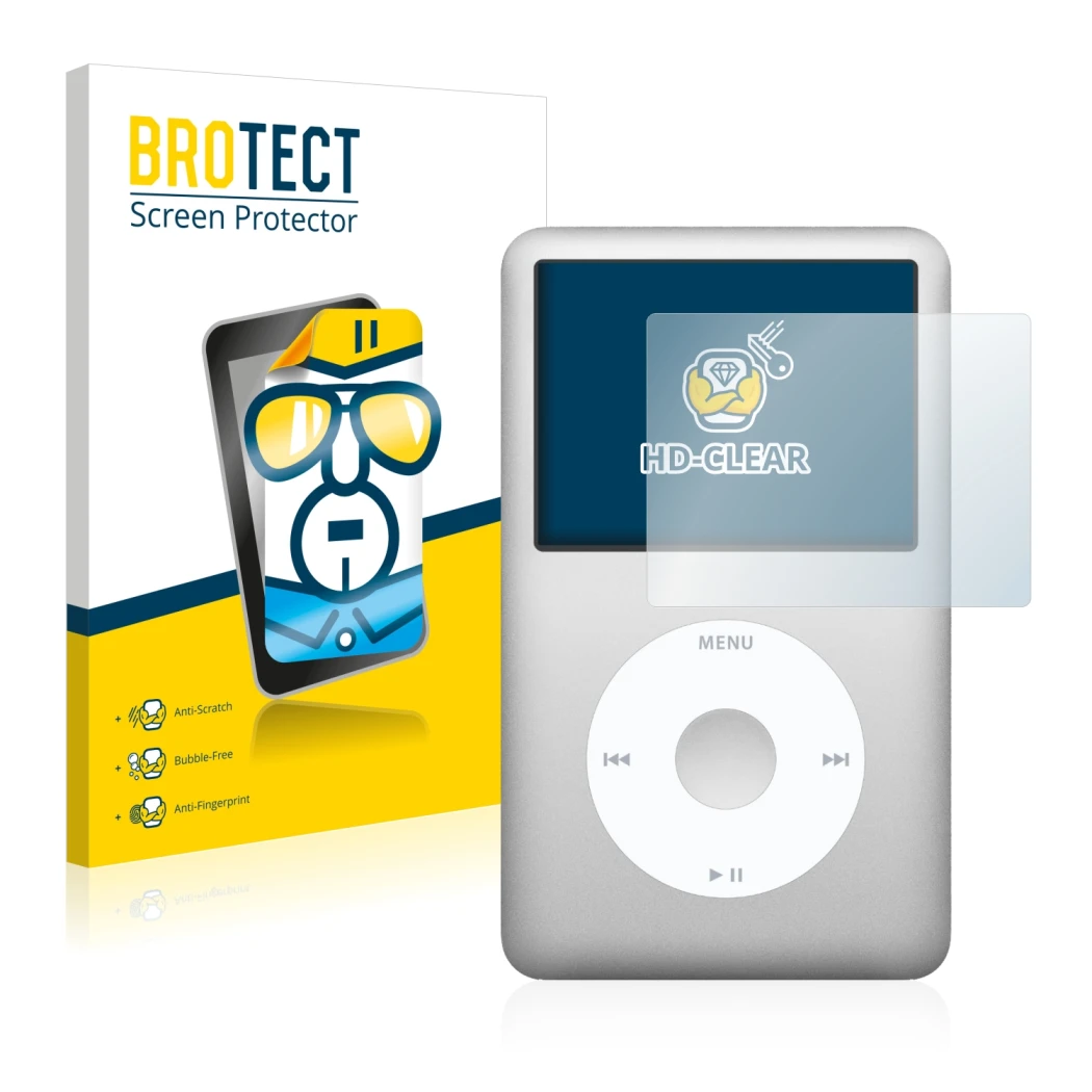 Face avant d’un emballage produit avec le logo de la marque BROTECT. À côté, l’appareil Apple iPod Classic (6ème Gen.) est rep
