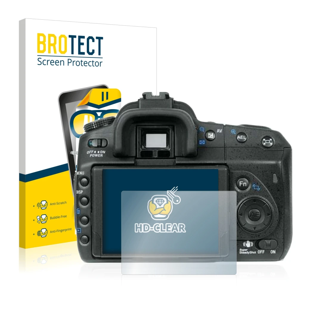 Face avant d’un emballage produit avec le logo de la marque BROTECT. À côté, l’appareil Sony Alpha 350 (DSLR-A350) est représe