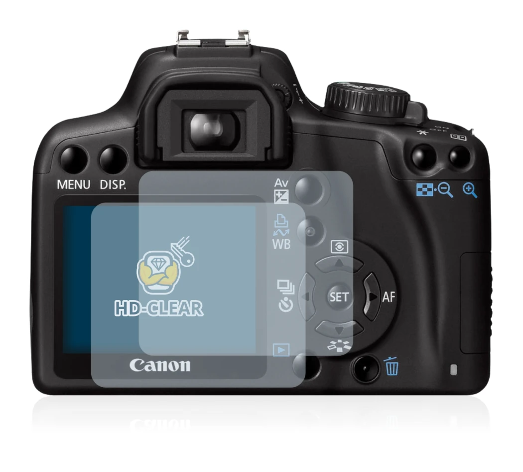Image de l'appareil Canon EOS 1000D avec une grande variété de protections d'écran.