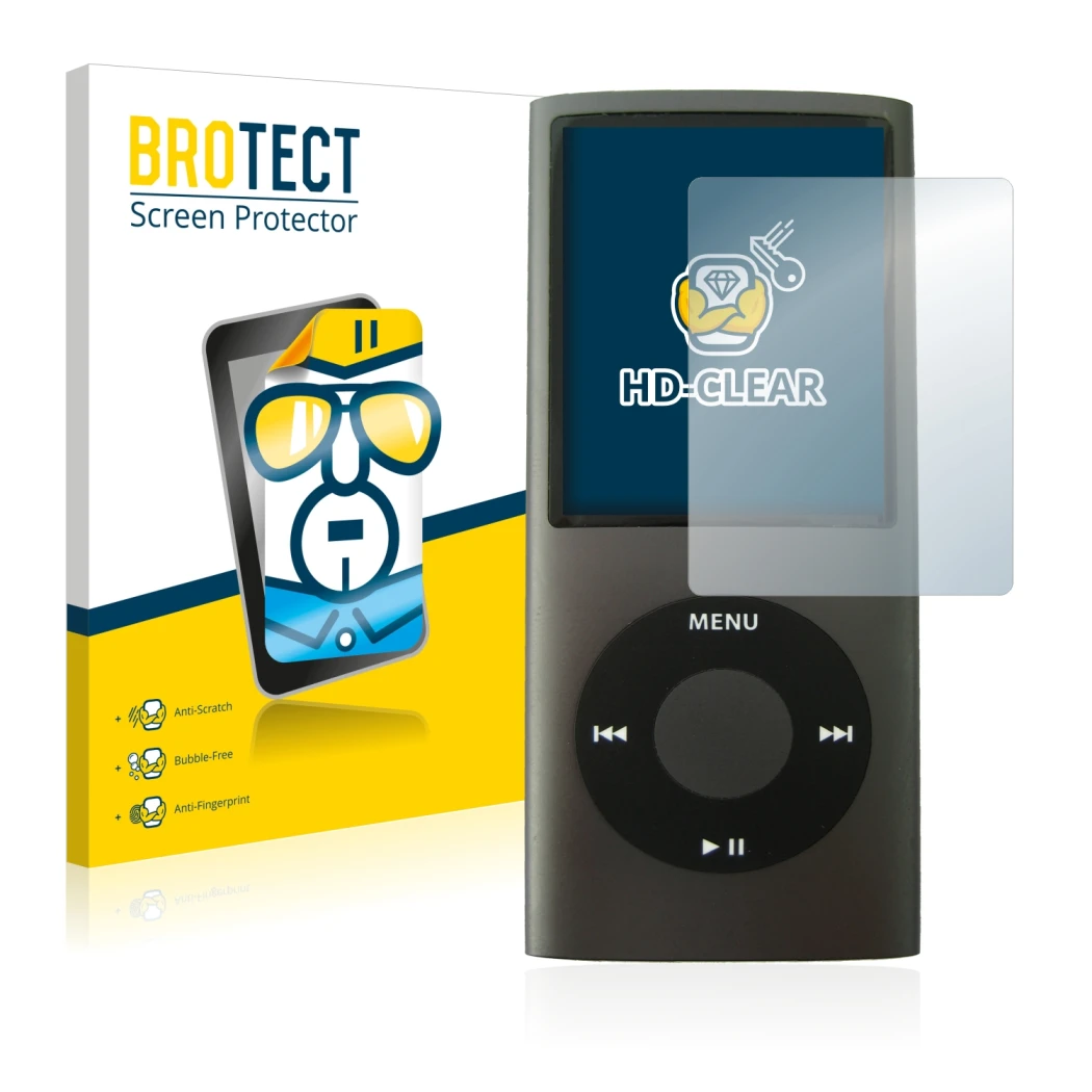Face avant d’un emballage produit avec le logo de la marque BROTECT. À côté, l’appareil Apple iPod nano (4ème Gen.) est représ