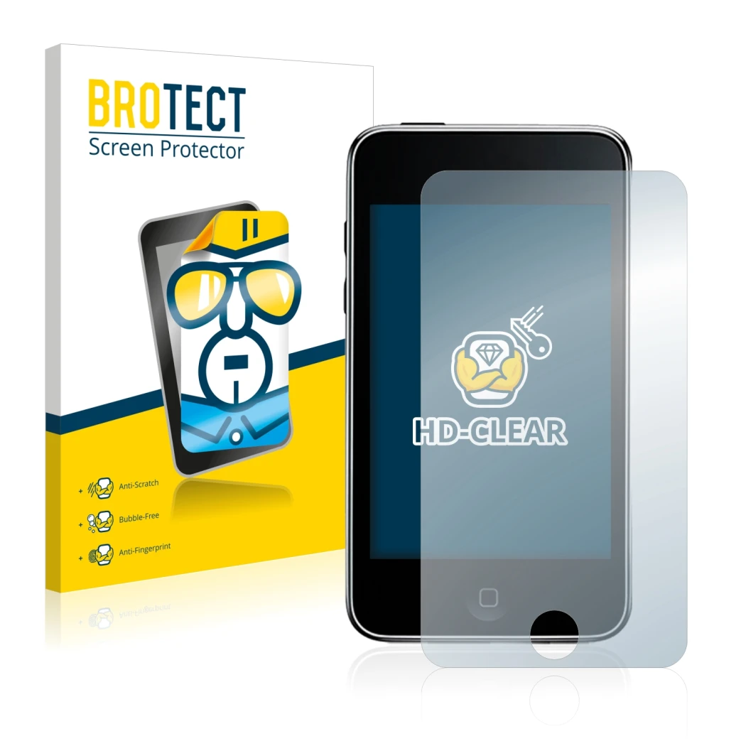Face avant d’un emballage produit avec le logo de la marque BROTECT. À côté, l’appareil Apple iPod Touch (2e Gen.) est représe