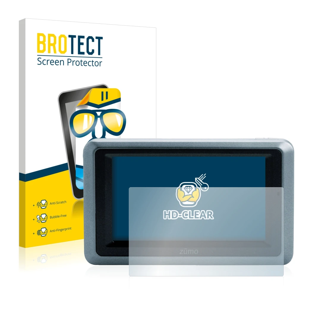 Face avant d’un emballage produit avec le logo de la marque BROTECT. À côté, l’appareil Garmin zumo 660 est représenté avec la