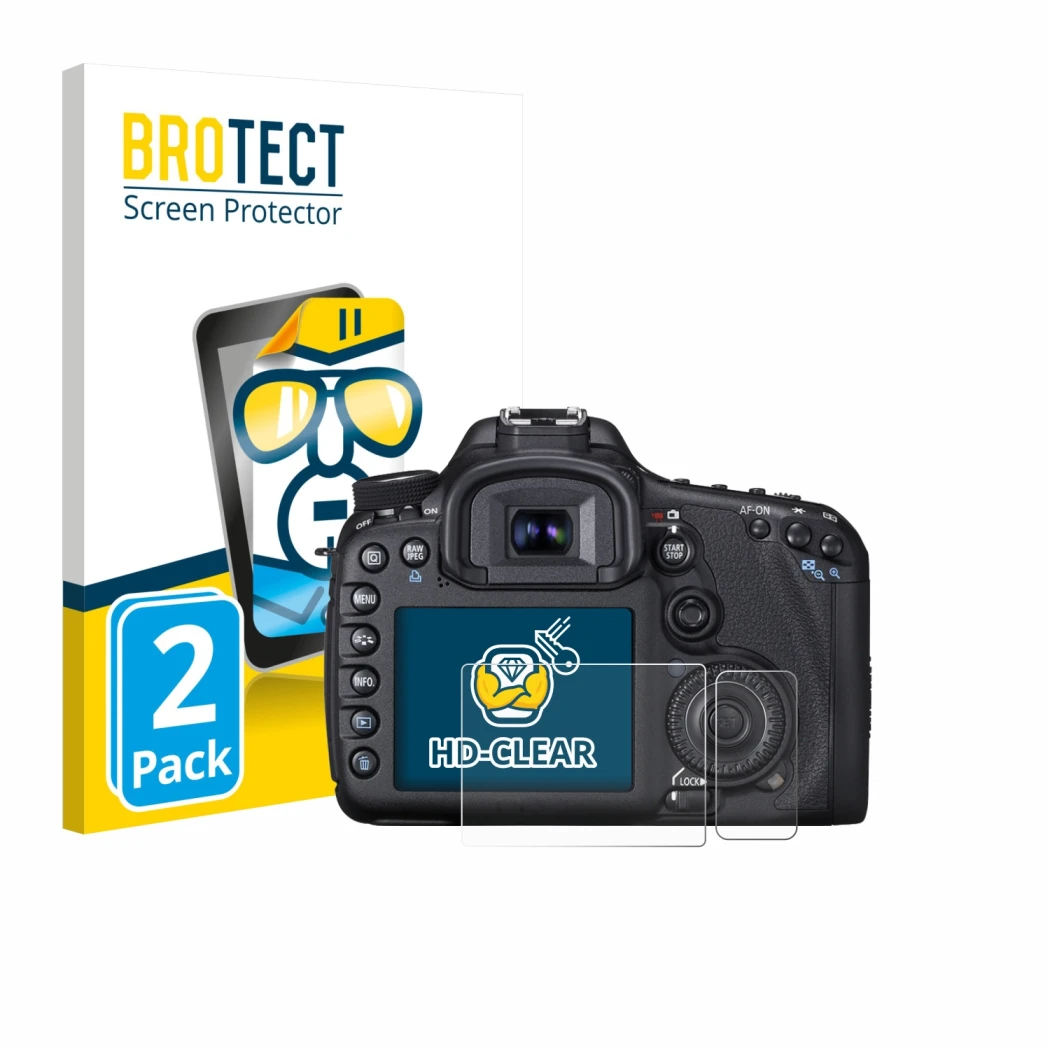 Face avant d’un emballage produit avec le logo de la marque BROTECT. À côté, l’appareil Canon EOS 7D est représenté avec la pr