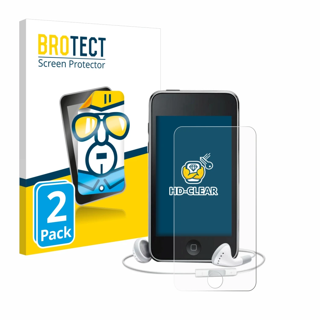 Face avant d’un emballage produit avec le logo de la marque BROTECT. À côté, l’appareil Apple iPod Touch (3ème Gen.) est repré