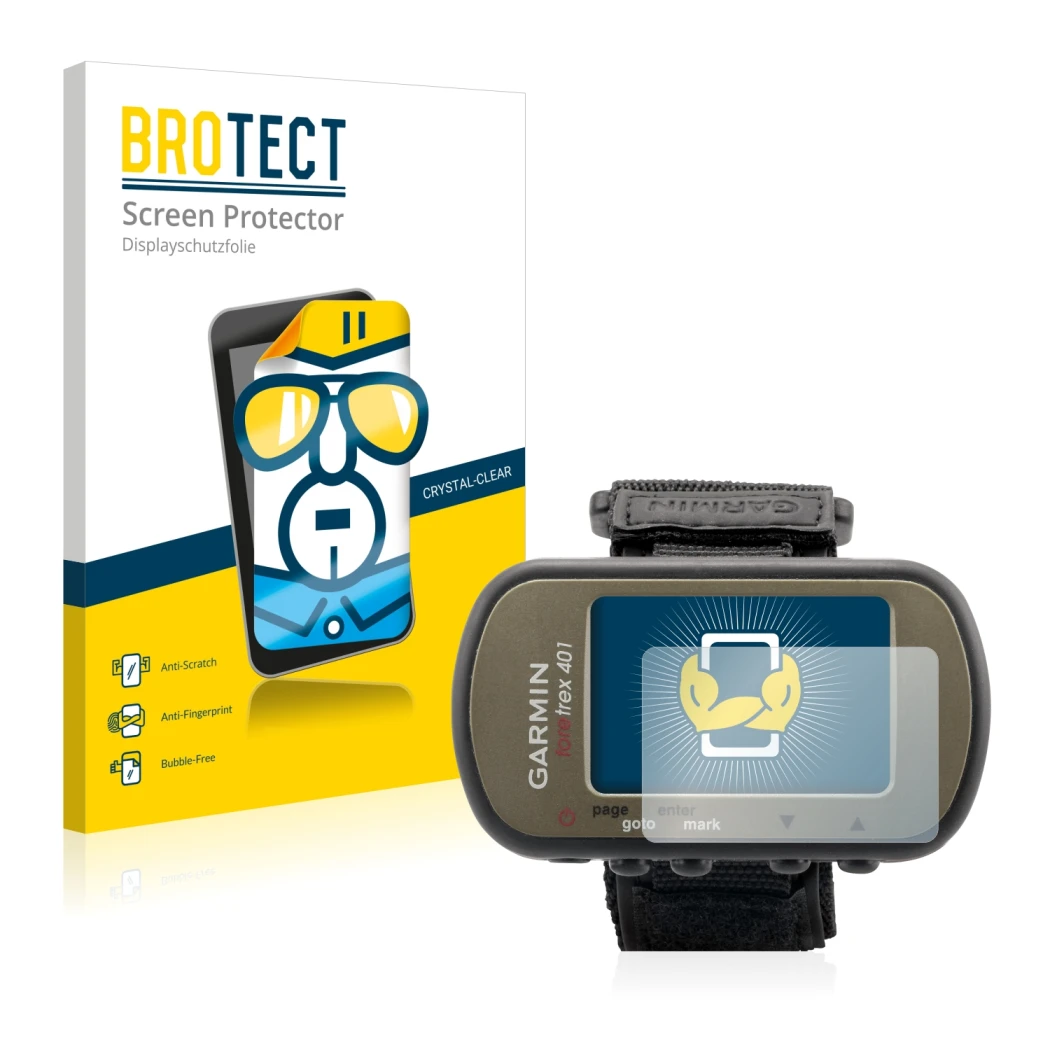 Face avant d’un emballage produit avec le logo de la marque BROTECT. À côté, l’appareil Garmin Foretrex 401 est représenté ave