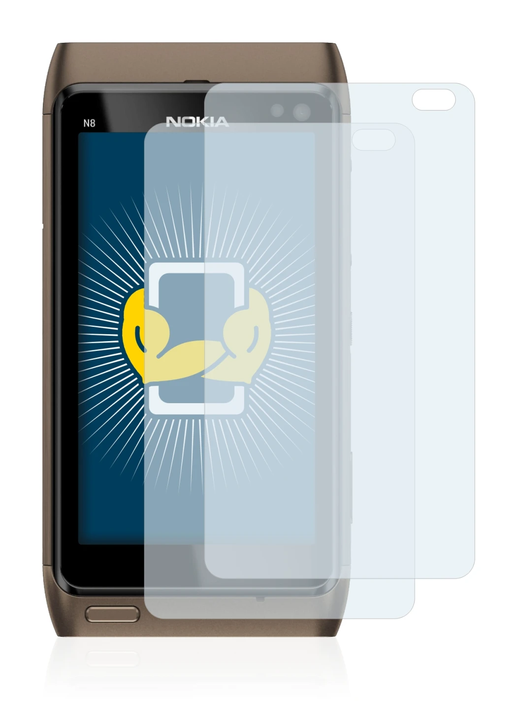 Image de l'appareil Nokia n8 avec une grande variété de protections d'écran.