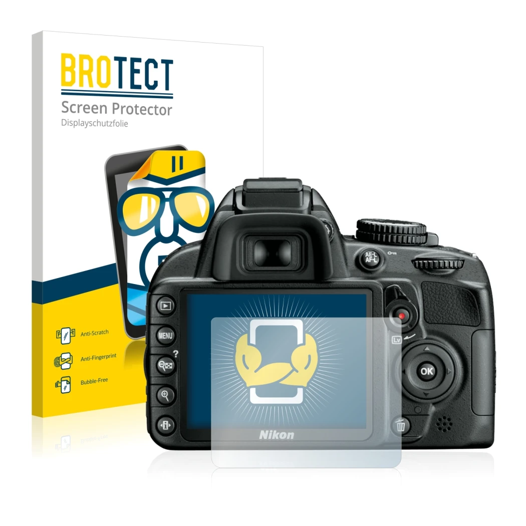 Face avant d’un emballage produit avec le logo de la marque BROTECT. À côté, l’appareil Nikon D3100 est représenté avec la pro
