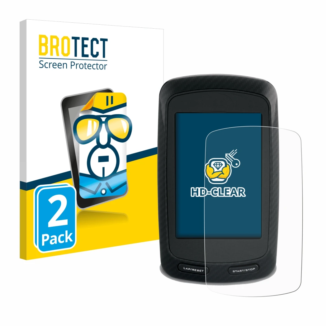 Face avant d’un emballage produit avec le logo de la marque BROTECT. À côté, l’appareil Garmin Edge 800 est représenté avec la
