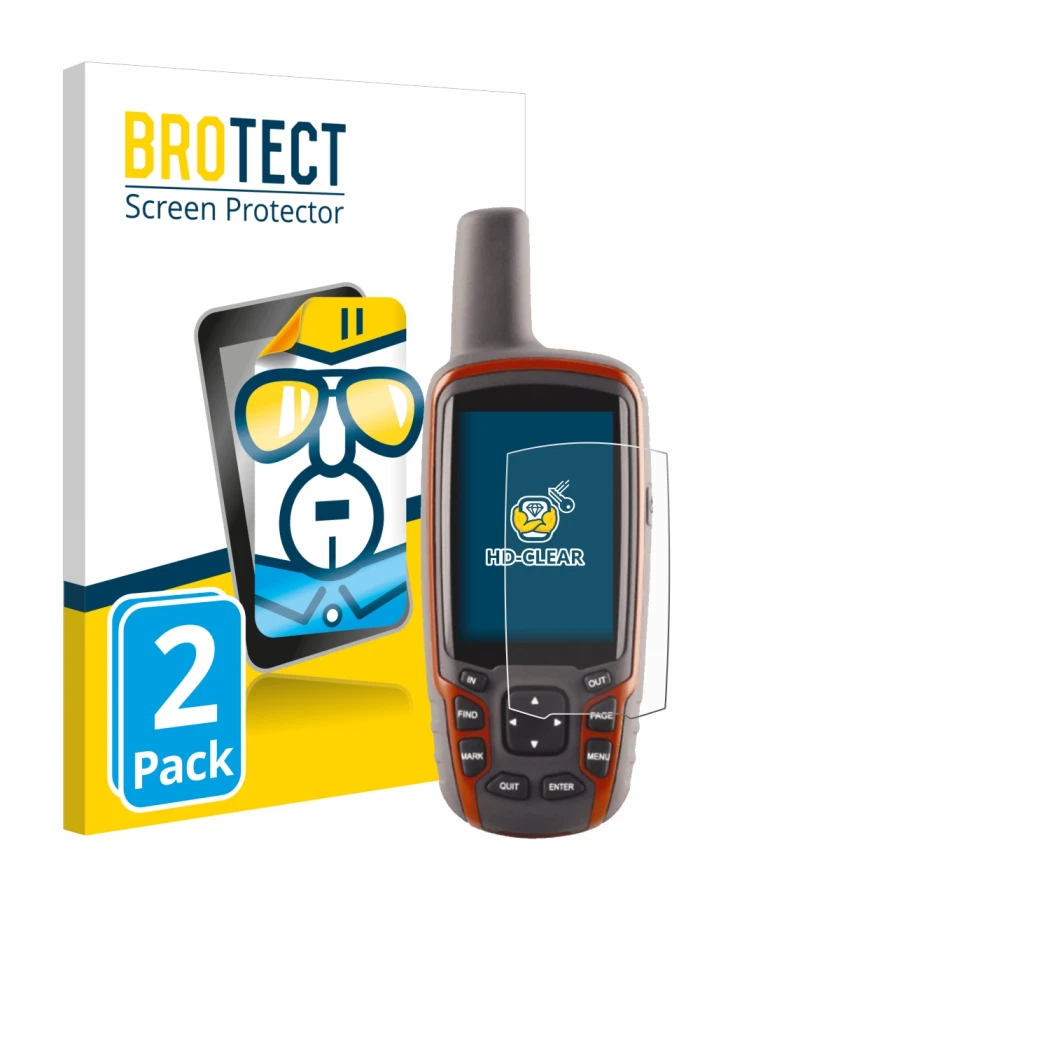 Face avant d’un emballage produit avec le logo de la marque BROTECT. À côté, l’appareil Garmin GPSMAP 62s est représenté avec 