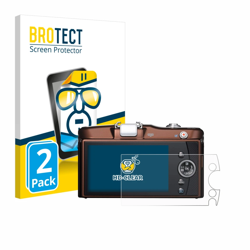 Face avant d’un emballage produit avec le logo de la marque BROTECT. À côté, l’appareil Olympus PEN E-PM1 est représenté avec