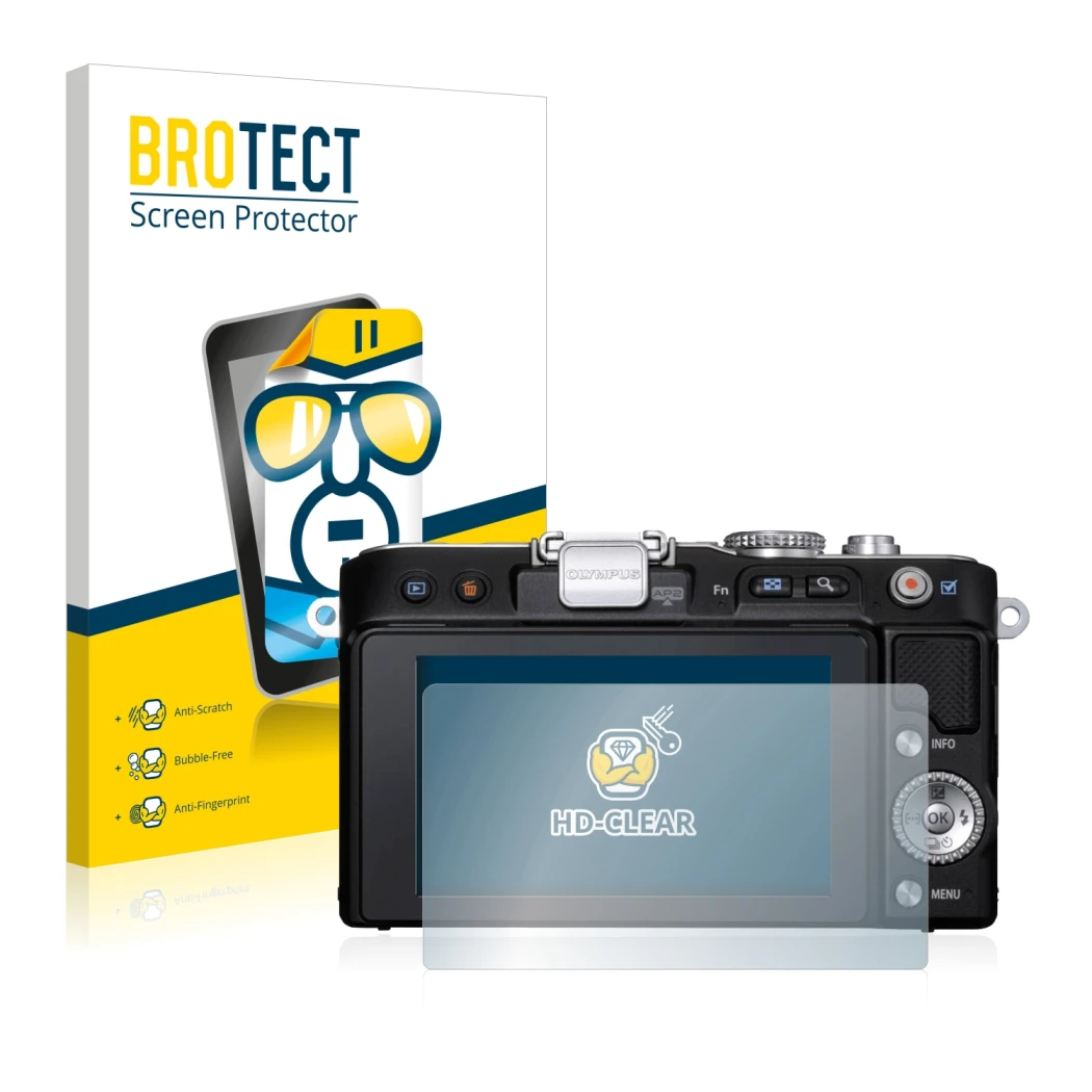 Face avant d’un emballage produit avec le logo de la marque BROTECT. À côté, l’appareil Olympus PEN E-PL3 est représenté avec