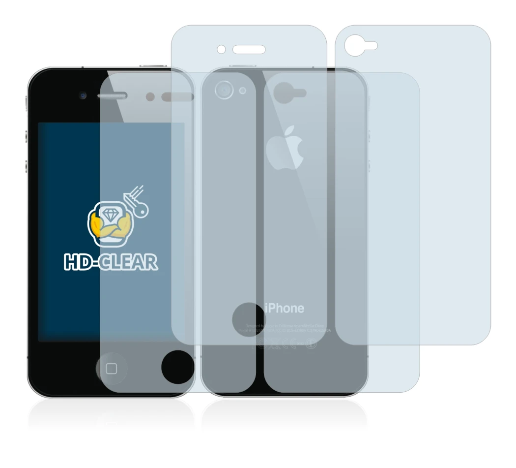 Image de l'appareil Apple iPhone 4S (Avant+Arrière) avec une grande variété de protections d'écran.