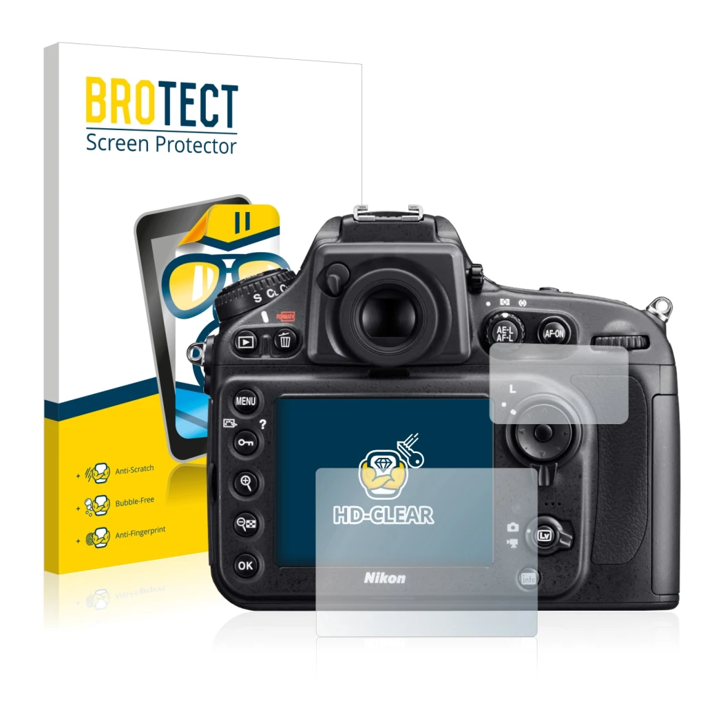 Face avant d’un emballage produit avec le logo de la marque BROTECT. À côté, l’appareil Nikon D800 est représenté avec la prot