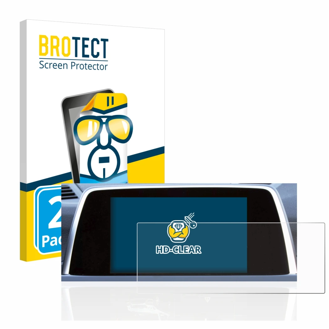 Face avant d’un emballage produit avec le logo de la marque BROTECT. À côté, l’appareil BMW 6 F13 Coupe 2011 iDrive Pro 10.2