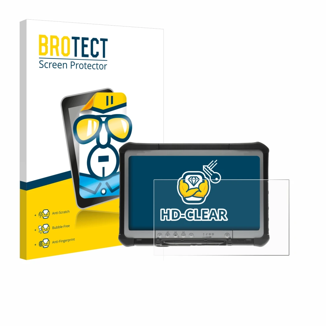 Face avant d’un emballage produit avec le logo de la marque BROTECT. À côté, l’appareil Panasonic Toughbook CF-D1 est représen