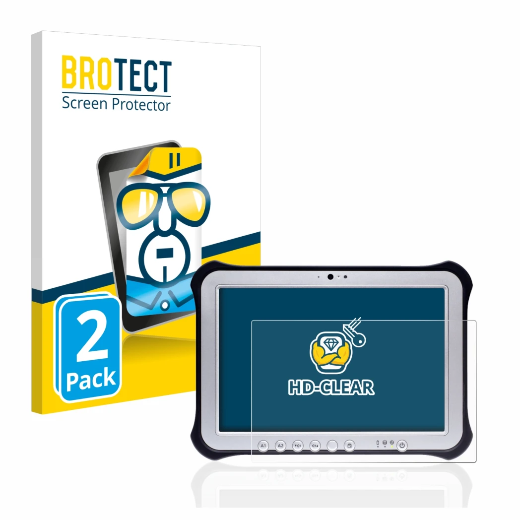 Face avant d’un emballage produit avec le logo de la marque BROTECT. À côté, l’appareil Panasonic Toughpad FZ-G1 est représent