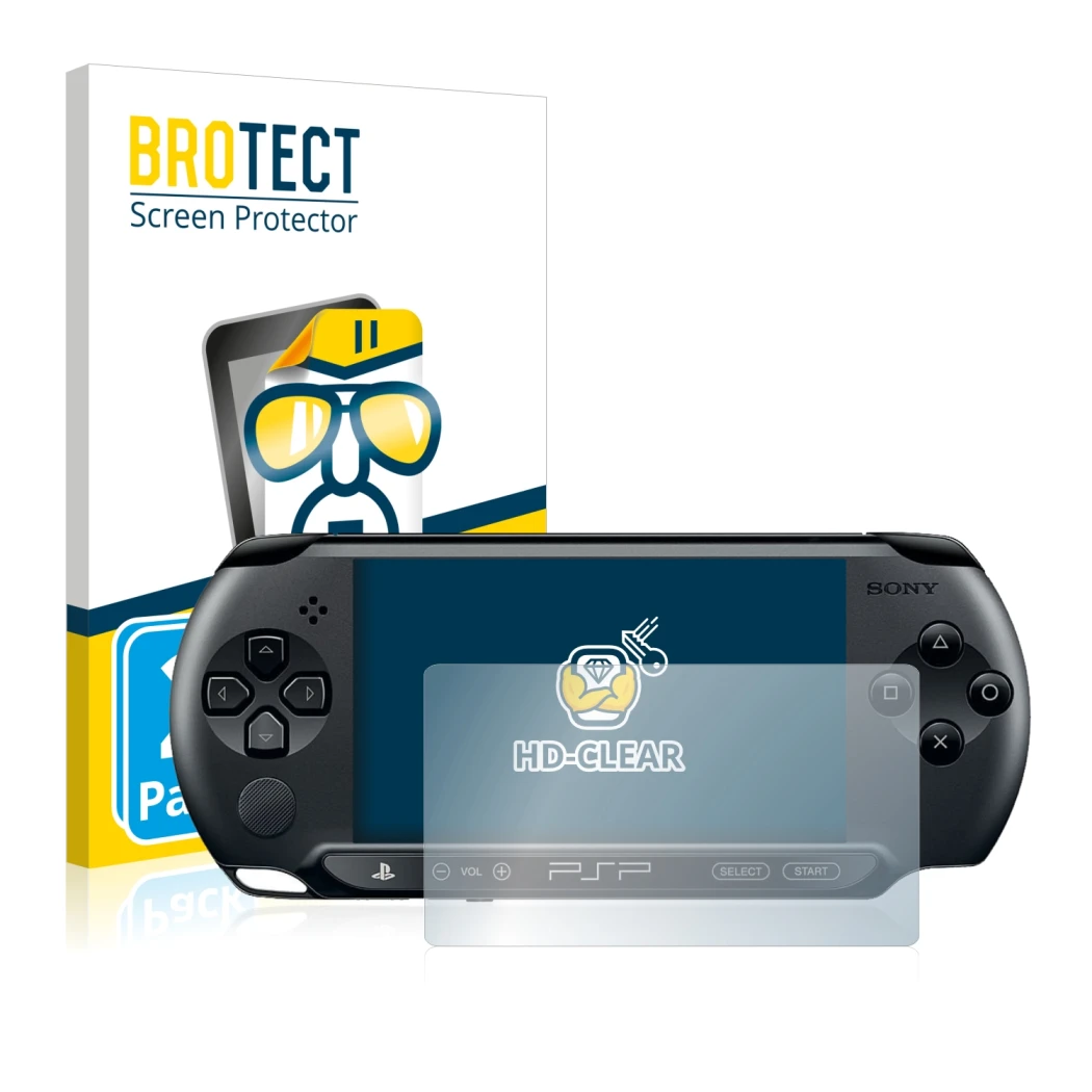 Face avant d’un emballage produit avec le logo de la marque BROTECT. À côté, l’appareil Sony PSP 1004 est représenté avec la p