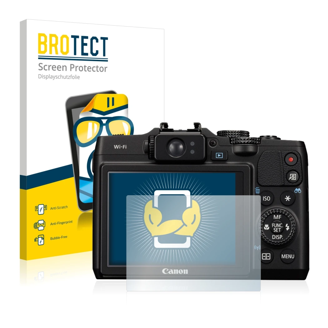 Face avant d’un emballage produit avec le logo de la marque BROTECT. À côté, l’appareil Canon PowerShot G16 est représenté ave