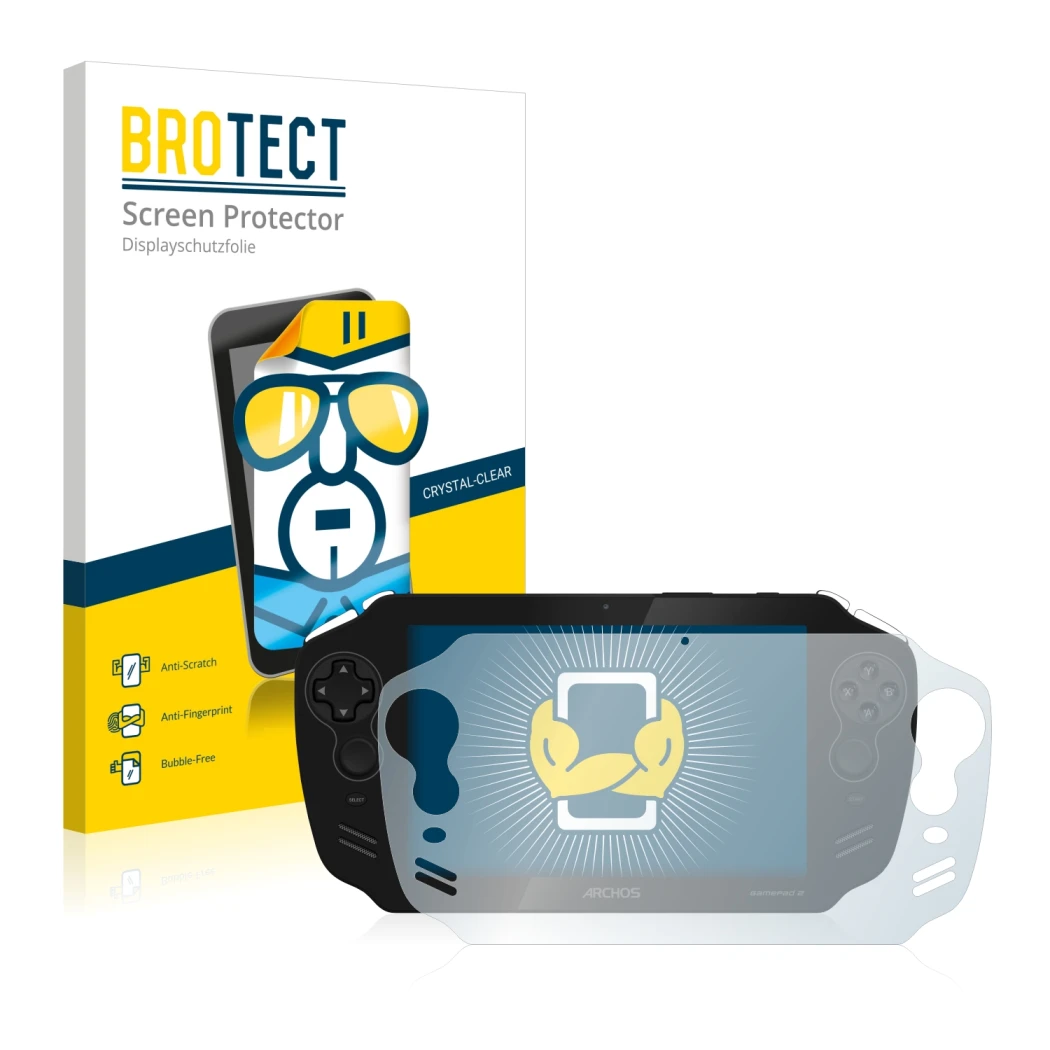 Face avant d’un emballage produit avec le logo de la marque BROTECT. À côté, l’appareil Archos GamePad 2 est représenté avec l